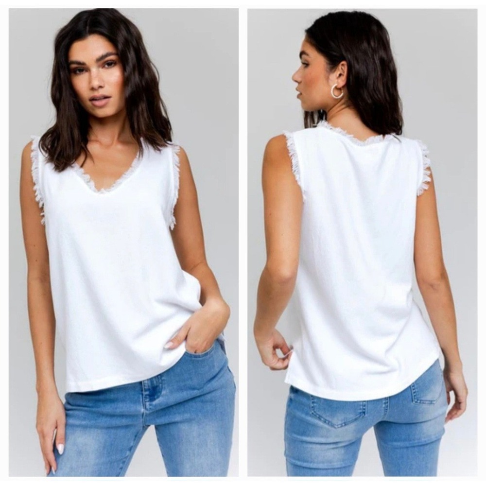 Gilli Womens White Linen Blend Edgy Frayed Sleeveless V-Neck Blouse Size Large